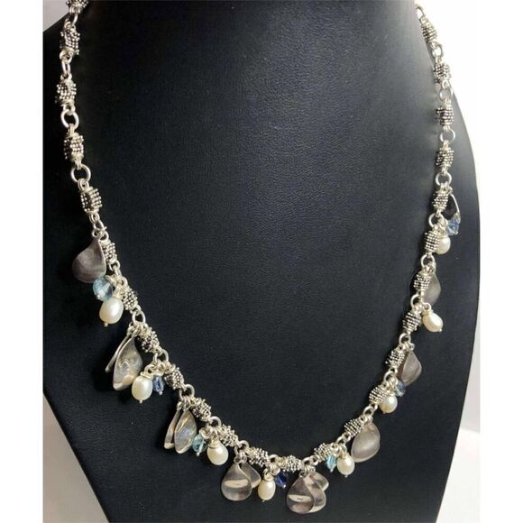 2067 Michael Dawkins Sterling 925 Pearl Blue Topaz Petal Necklace 20" 54.8grams - Picture 1 of 5